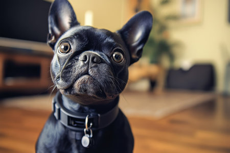 A black French Bulldog sits attentively in a bright living room, showing his playful personality and curiosity.の写真素材