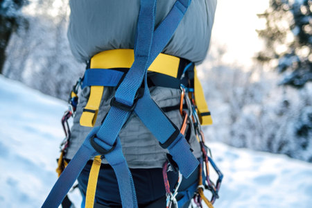 A climber secures her harness amidst stunning snowy landscape, ready for an exciting ascent.の写真素材