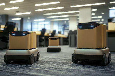 Small robots transport boxes through an office filled with empty desks and modern furnishings.の写真素材