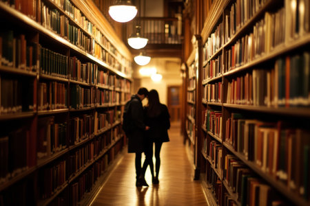 In a library aisle, a couple embraces softly among tall shelves filled with books as warm light glows.の写真素材