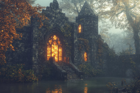 An ancient castle stands by a tranquil body of water, its ornate windows glowing against the evening mist.の写真素材