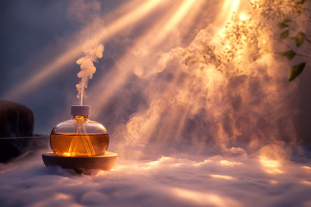 A warm glow highlights an oil diffuser releasing aromatic steam in a tranquil, misty environment.の写真素材