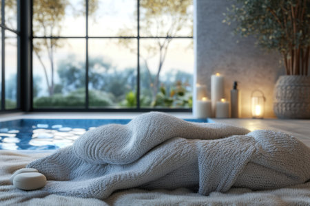 Soft, textured blanket lies over a plush surface by a tranquil swimming pool surrounded by nature.の写真素材