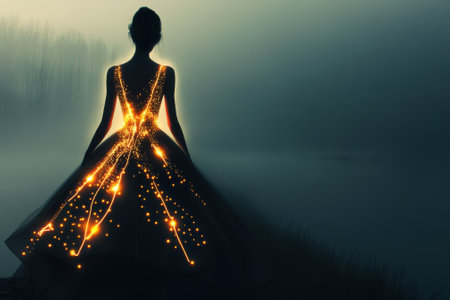A woman wearing a glowing dress with shimmering lights stands amidst a foggy evening landscape by water.の写真素材