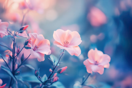 Delicate pink blossoms open softly in a serene garden setting under the fading light of early evening.の写真素材