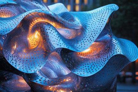 Unique metallic sculpture showcases dynamic design and glowing lights in a city park at twilight.の写真素材