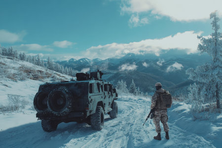 A soldier observes the breathtaking mountainous terrain while standing next to a military vehicle in snow.の写真素材