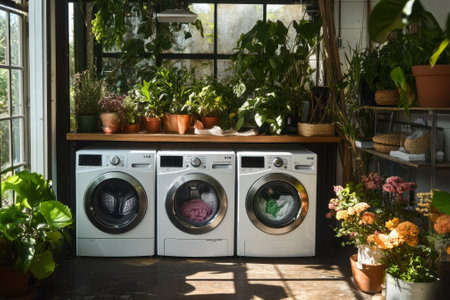 Three washing machines sit under a big window, surrounded by lush plants and colorful flowers, creating serenity.の写真素材