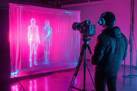 A photographer focuses on two holographic figures displayed in a studio setting, illuminated with neon colors.の写真素材