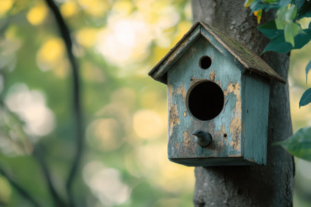 A weathered birdhouse hangs on a tree, surrounded by soft sunlight filtering through leaves.の写真素材