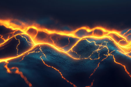 Lava flows create a stunning display of glow across the rugged volcanic terrain at dusk.の写真素材