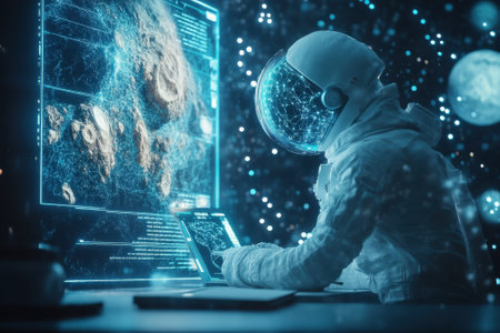 An astronaut observes detailed cosmic data on a digital screen while exploring space.の写真素材