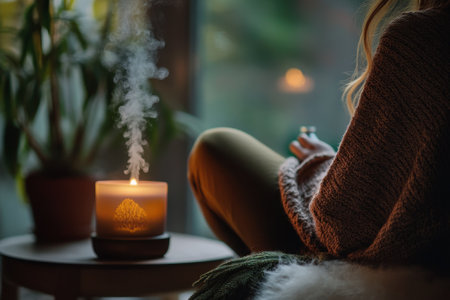 Soft light from a candle fills the room as a person enjoys a tranquil evening among plants.の写真素材