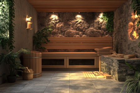 A serene indoor sauna features wooden benches, stone accents, and calming lighting for relaxation.の写真素材