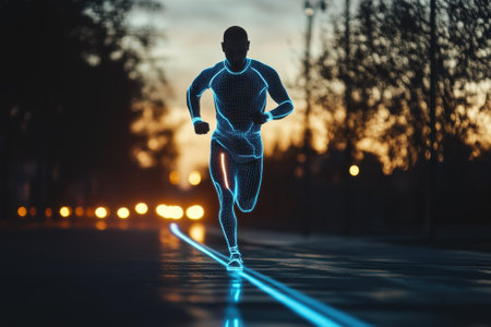 A person runs along a city street, illuminated by glowing blue lines as the sun sets in the background.の写真素材