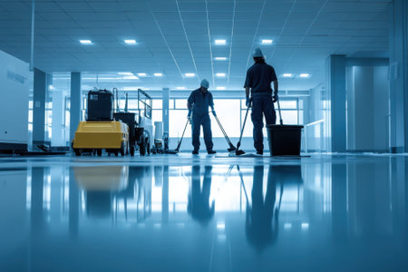 Two workers mop shiny floors in a well-lit building, creating a clean and fresh atmosphere.の写真素材