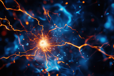 Electric currents and energy pulses create a stunning display within a colorful, cosmic environment.の写真素材