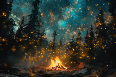 A warm campfire crackles as it lights up a forest under a dazzling star-filled sky at nighttime.の写真素材