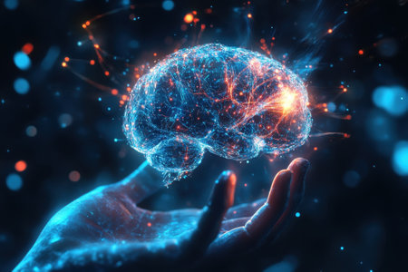 A hand supports a luminous brain made of interconnected lines and dots, representing intelligence and creativity.の写真素材