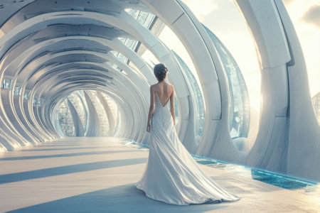 A bride in a stunning gown strolls through a surreal, modern corridor as the sun sets, highlighting her elegance.の写真素材
