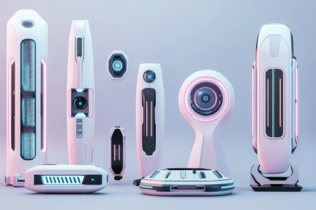 Various futuristic devices are displayed in a modern style with soft lighting and unique designs.の写真素材