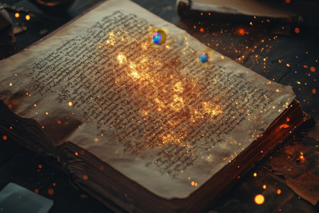 An ancient manuscript remains on a table, glowing sparks dance around its pages in a dimly lit atmosphere.の写真素材