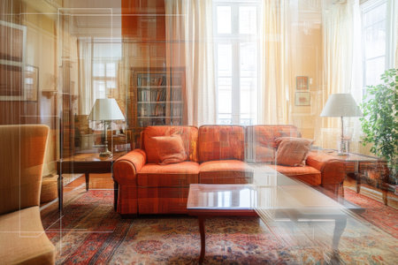 Relaxing living room features an orange sofa and bookshelves, illuminated by soft natural light.の写真素材