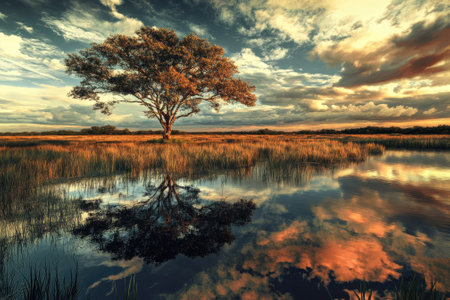 Golden hour light casts a warm glow on a lone tree surrounded by calm waters and lush grasslands.の写真素材