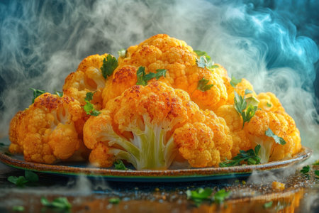 Golden roasted cauliflower florets arranged on a plate, garnished with fresh herbs and emitting steam.の写真素材