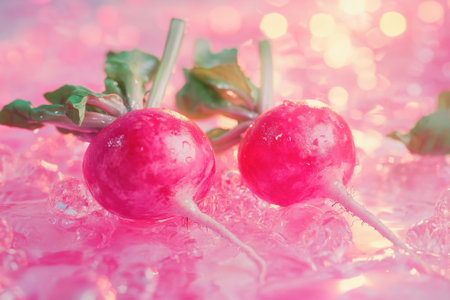 Two vibrant radishes rest on a bed of ice, showing a fresh and appealing presentation.の写真素材
