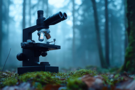 A microscope is placed on the forest floor, surrounded by moss and trees, reflecting morning fog and tranquility.の写真素材