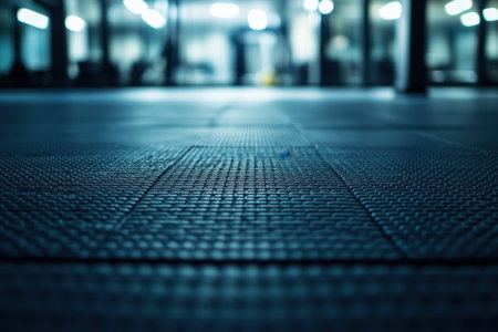 Close-up of a textured gym floor highlighting the workout space filled with equipment and lights.の写真素材