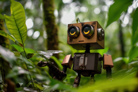 In a lush rainforest, a whimsical robot stands among green foliage, gazing inquisitively at its surroundings.の写真素材
