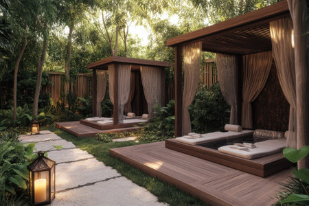 Two wooden cabanas with cushions sit among greenery, providing a serene spot for relaxation in nature.の写真素材