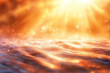 Sunlight sparkles on gentle waves as the day transitions to evening, creating a peaceful atmosphere.の写真素材