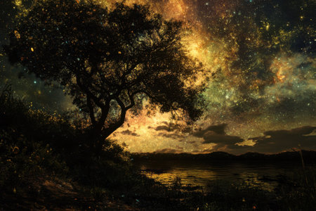 A captivating view of a star-filled sky illuminates a tranquil lakeshore, inspiring wonder and peace.の写真素材