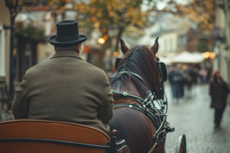 A man in a top hat guides a horse-drawn carriage along a picturesque cobblestone street in autumn.の写真素材
