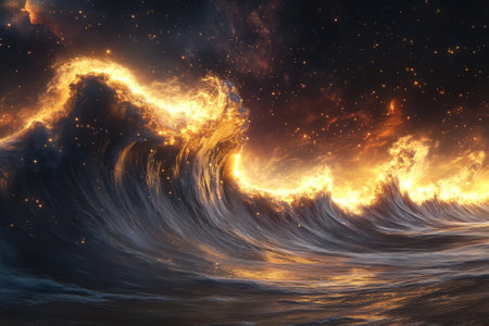 A massive wave crashes with vibrant flames illuminating its crest against a starry sky.の写真素材