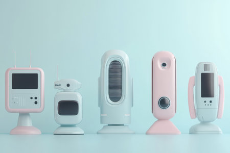 A lineup of retro-styled devices showcased in soft pastel colors against a light backdrop, highlighting design.の写真素材