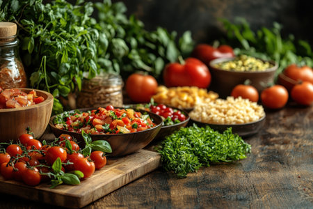 Various fresh vegetables and herbs displayed on a wooden table, ready for meal preparation in a rustic kitchen.の写真素材