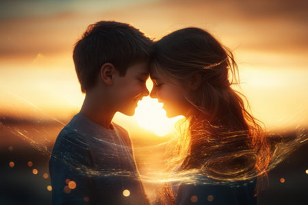 Two children stand close, smiling and enjoying a magical sunset at the beach, surrounded by warm light.の写真素材
