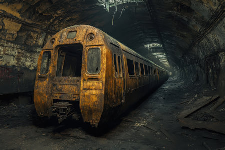 An old train stands rusted and forgotten in a dimly lit, crumbling tunnel, surrounded by debris.の写真素材