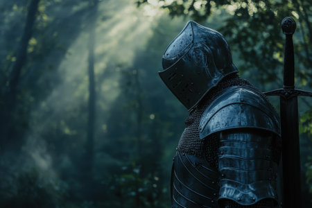 A knight in shining armor surveys the forest, with soft rays of light breaking through the trees.の写真素材