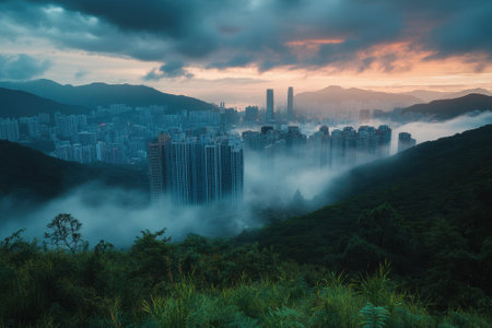 Fog rolls over dense forests and skyscrapers as the sun sets behind a vibrant skyline in Hong Kong.の写真素材