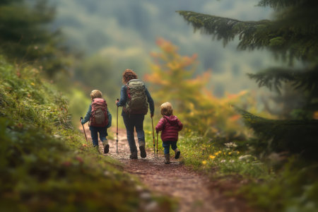 A woman and two children walk along a wooden path surrounded by colorful autumn foliage.の写真素材