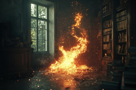 Flames rise and twist in an old library, illuminating the dark room and casting shadows on the walls.の写真素材