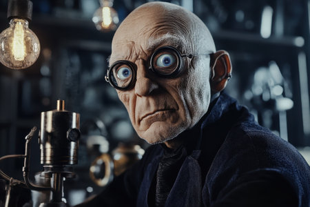A peculiar character with oversized glasses and striking blue eyes studies equipment in a dimly lit workshop.の写真素材