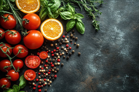 Vibrant tomatoes, herbs, and citrus fruits arranged artfully on a textured dark surface, creating a culinary display.の写真素材