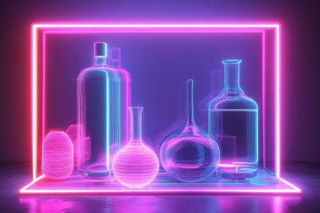 Colorful glass bottles and vases glow in neon light against a dark backdrop, creating an eye-catching display.の写真素材