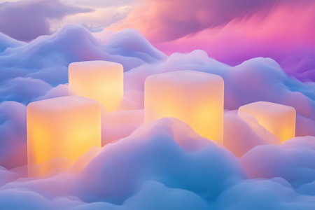 Glowing candles rise from fluffy clouds against a vibrant sunset sky, creating a calming ambiance.の写真素材